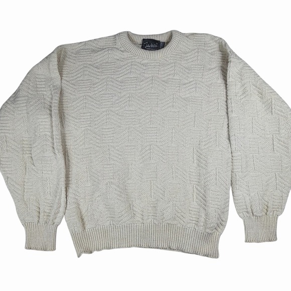 John Weitz Sweaters - Vtg 80s 90s Textured Sweater Sz Med Cream White Made In USA Geometric Grandpa